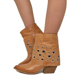 Ankle Boots with Gaiter and Silver Studs, Genuine Leather, 7 cm Heel
