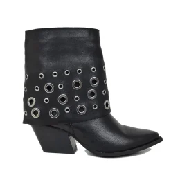 Ankle Boots with Gaiter and Silver Studs, Genuine Leather, 7 cm Heel
