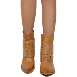 Ankle Boots with Gaiter and Silver Studs, Genuine Leather, 7 cm Heel