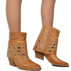 Ankle Boots with Gaiter and Silver Studs, Genuine Leather, 7 cm Heel