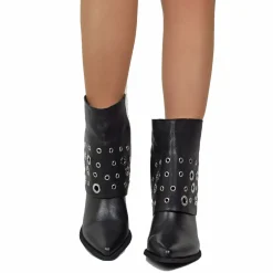 Ankle Boots with Gaiter and Silver Studs, Genuine Leather, 7 cm Heel
