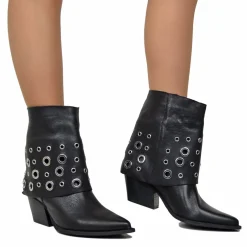 Ankle Boots with Gaiter and Silver Studs, Genuine Leather, 7 cm Heel