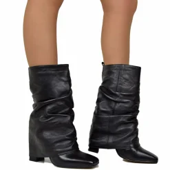 Ankle Boots with Gaiter, High Heel 9 cm, Bold Square Toe, Black