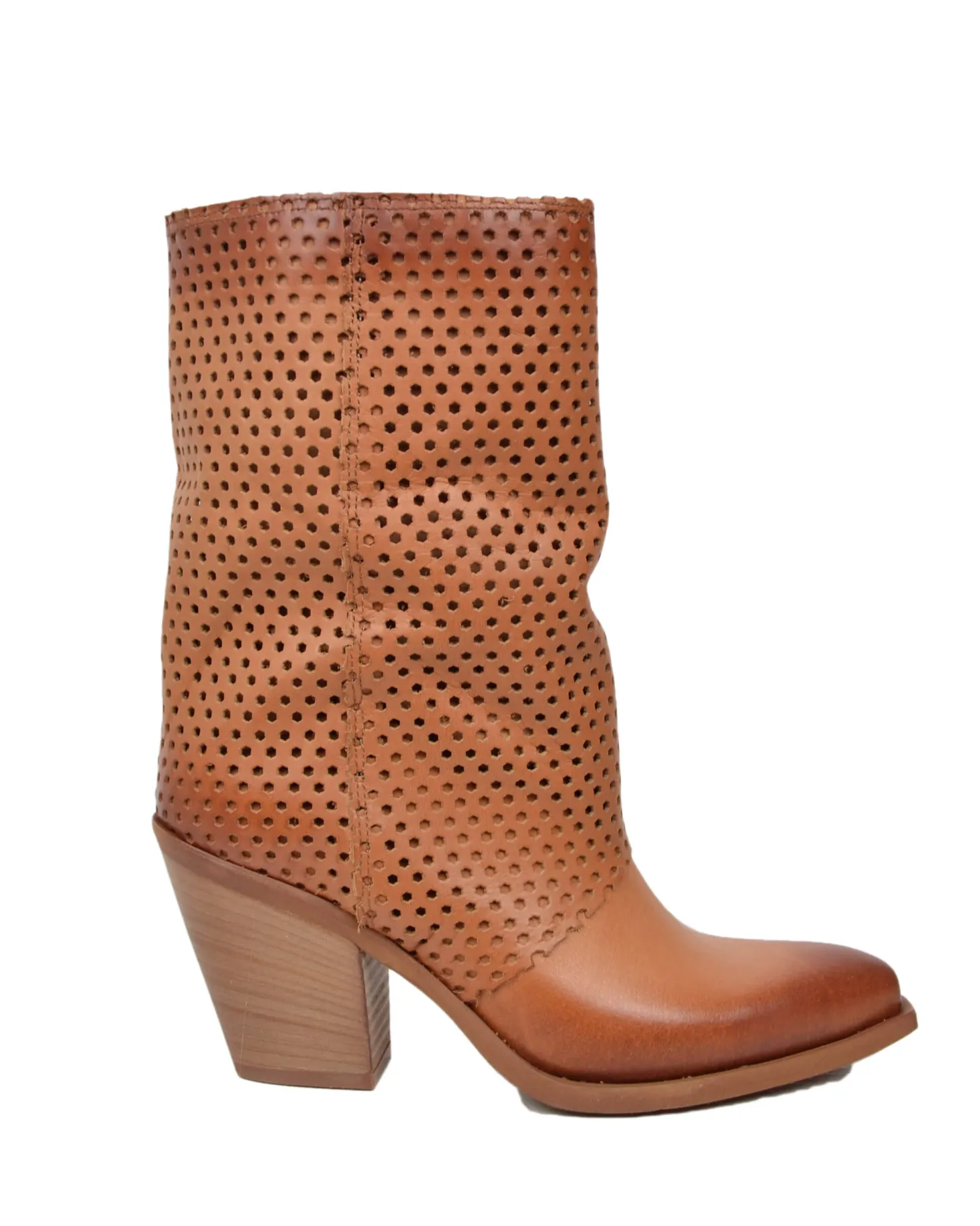 Ankle Cowboy Boots – Perforated Cuff, Leather-Covered Heel