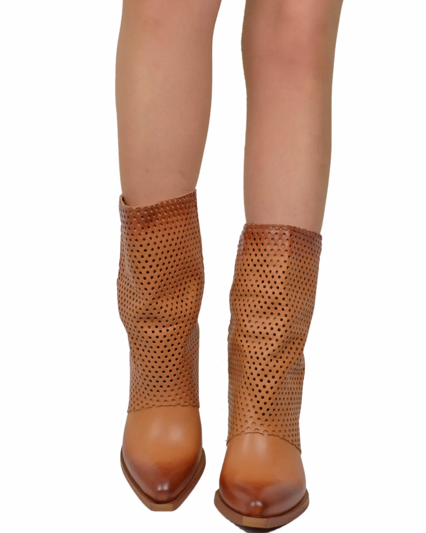 Ankle Cowboy Boots – Perforated Cuff, Leather-Covered Heel