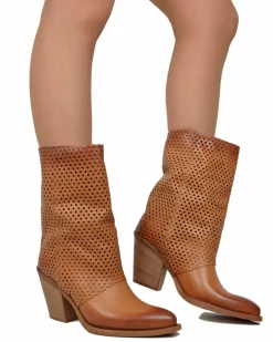 Ankle Cowboy Boots – Perforated Cuff, Leather-Covered Heel