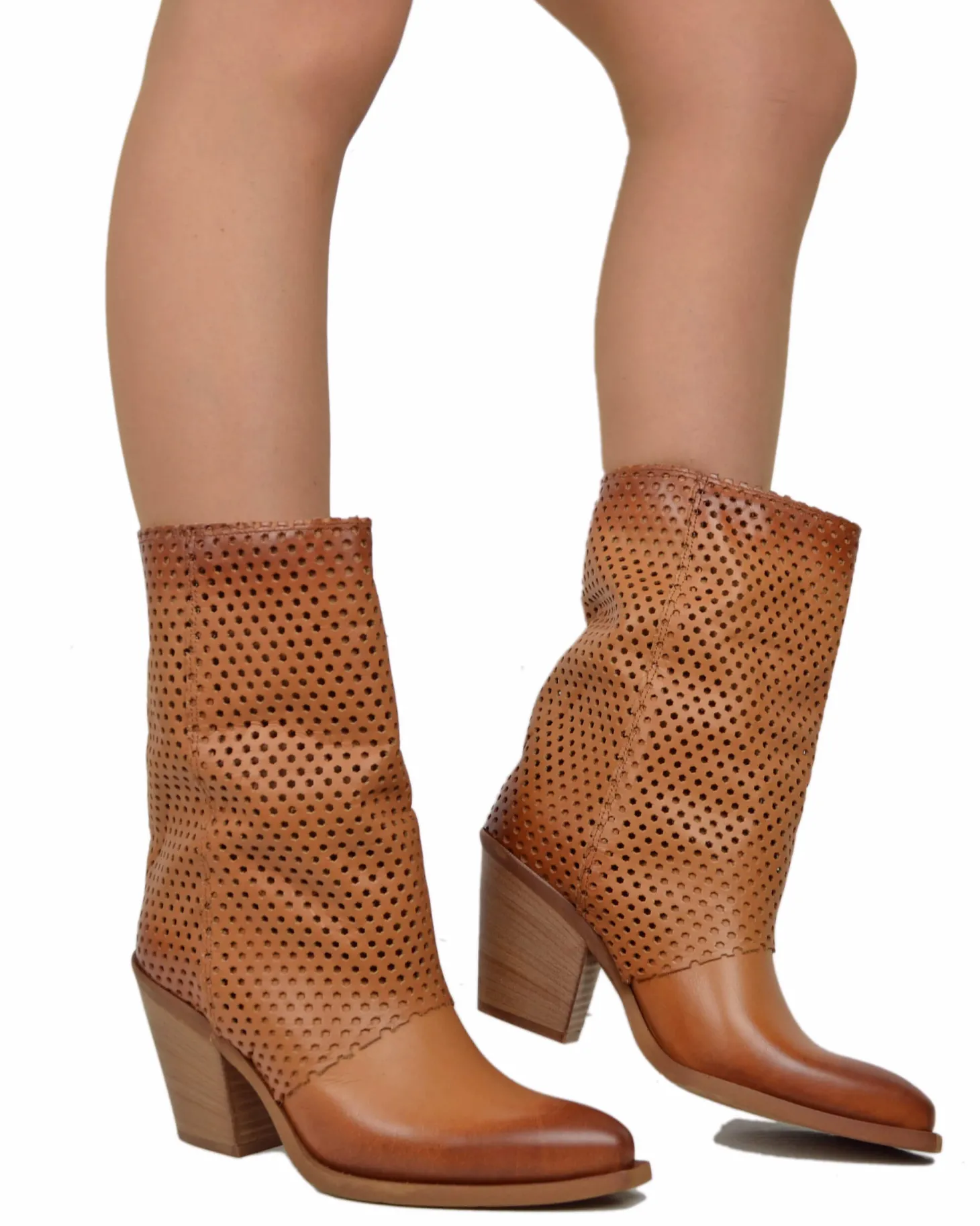 Ankle Cowboy Boots – Perforated Cuff, Leather-Covered Heel