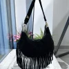 ARYA Black Crescent Genuine Suede Fringe Bag