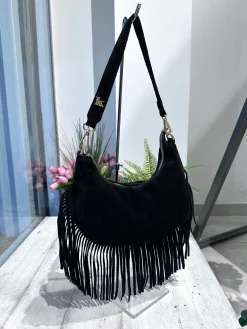 ARYA Black Crescent Genuine Suede Fringe Bag