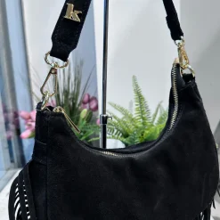 ARYA Black Crescent Genuine Suede Fringe Bag