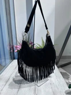 ARYA Black Crescent Genuine Suede Fringe Bag