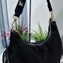 ARYA Black Crescent Genuine Suede Fringe Bag