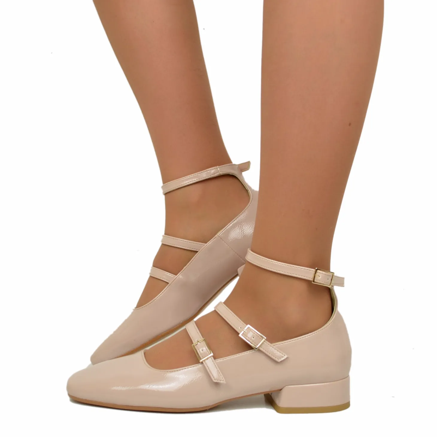 Ballerine Donna Cipria Punta Squadrata Mary Jane Made in Italy