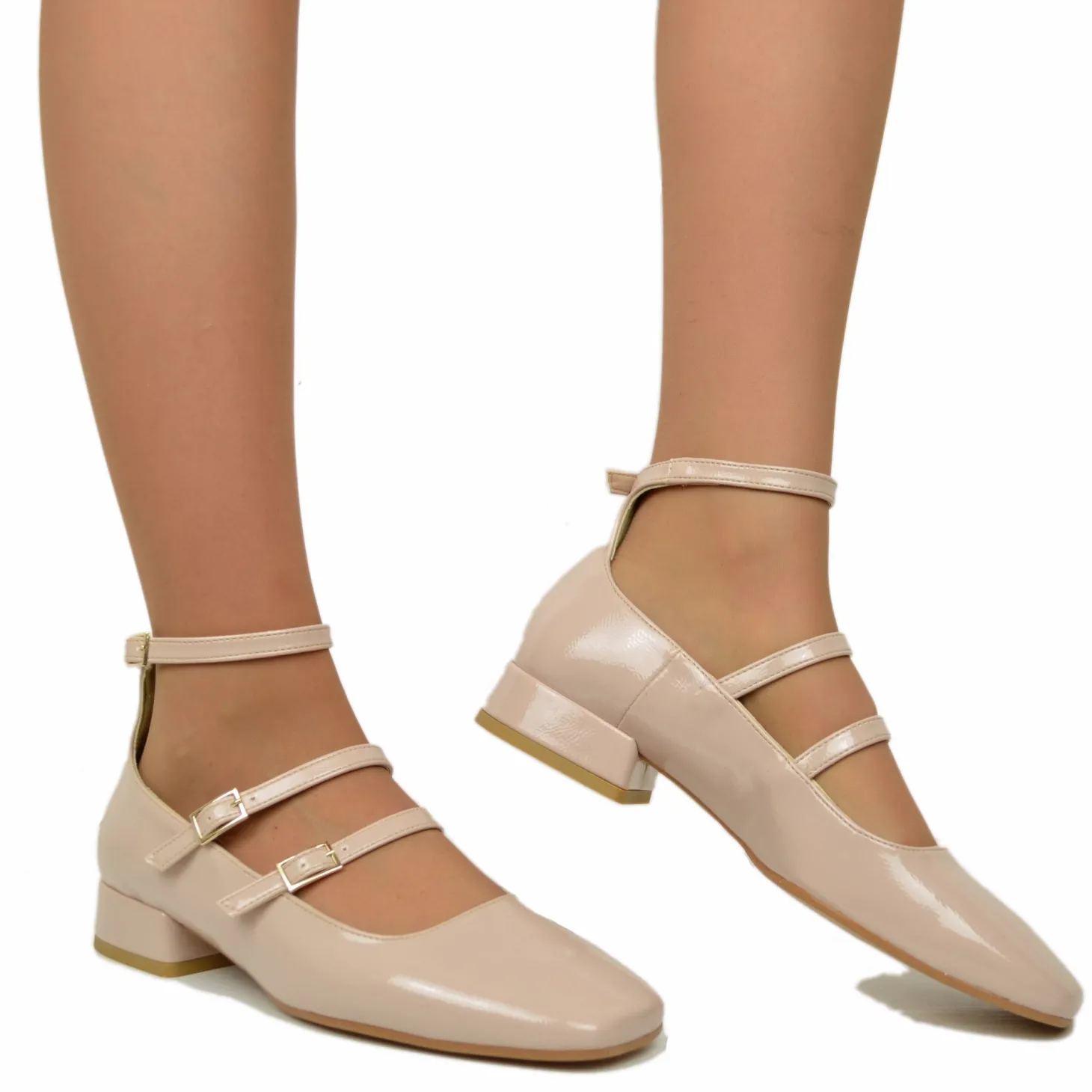 Ballerine Donna Cipria Punta Squadrata Mary Jane Made in Italy