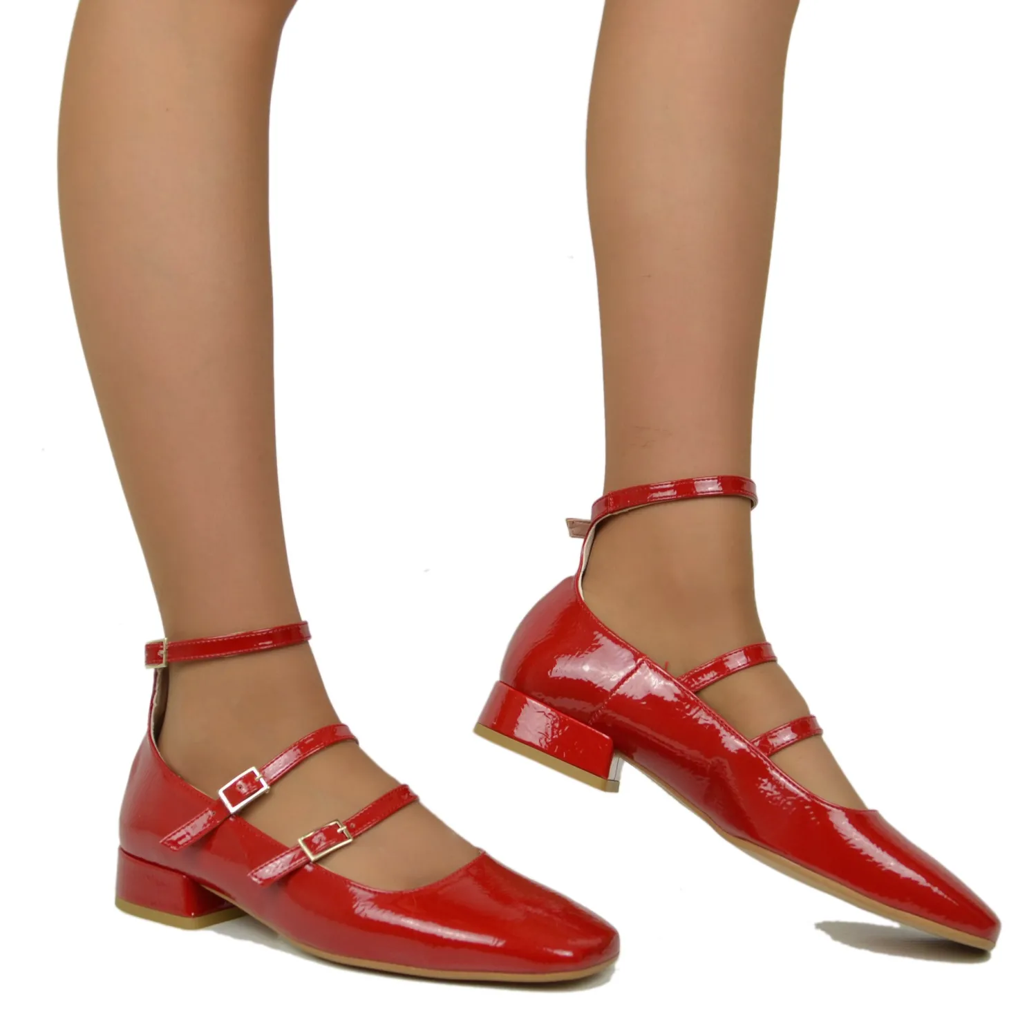 Ballerine Donna Rosse Punta Squadrata Mary Jane Made in Italy