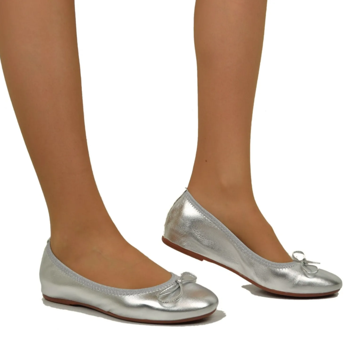 Ballerine in Nappa Argento Elasticizzate con Zeppetta interna