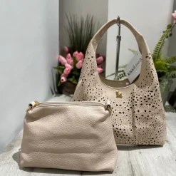 Beige Laser-Cut Faux Leather Bag with Inner Pouch & Strap – BRIDGET