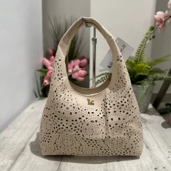 Beige Laser-Cut Faux Leather Bag with Inner Pouch & Strap – BRIDGET
