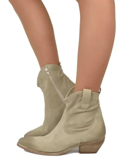Beige Suede Texan Ankle Boots – Genuine Leather, 5 cm Heel & Zip