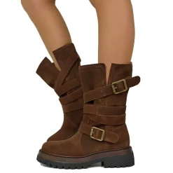 Biker Boots Donna in Pelle Scamosciata Marroni Made in Italy con Fibbi