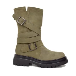 Biker Boots Donna in Pelle Scamosciata Taupe Made in Italy con Fibbie