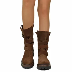 Biker Boots Donna in Pelle Scamosciata Marroni Made in Italy con Fibbi