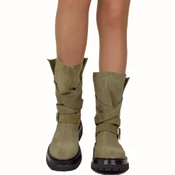 Biker Boots Donna in Pelle Scamosciata Taupe Made in Italy con Fibbie