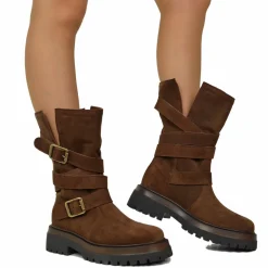 Biker Boots Donna in Pelle Scamosciata Marroni Made in Italy con Fibbi