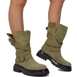 Biker Boots Donna in Pelle Scamosciata Taupe Made in Italy con Fibbie