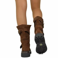 Biker Boots Donna in Pelle Scamosciata Marroni Made in Italy con Fibbi