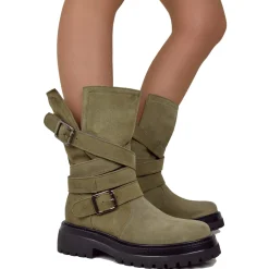 Biker Boots Donna in Pelle Scamosciata Taupe Made in Italy con Fibbie
