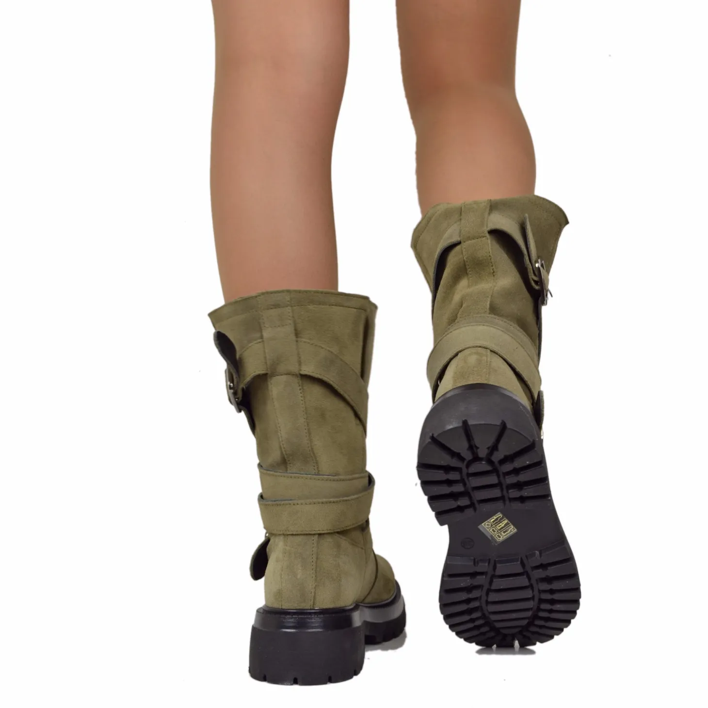 Biker Boots Donna in Pelle Scamosciata Taupe Made in Italy con Fibbie