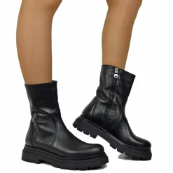 Biker Boots Platform Low Simple Narrow Ankle Zip Black