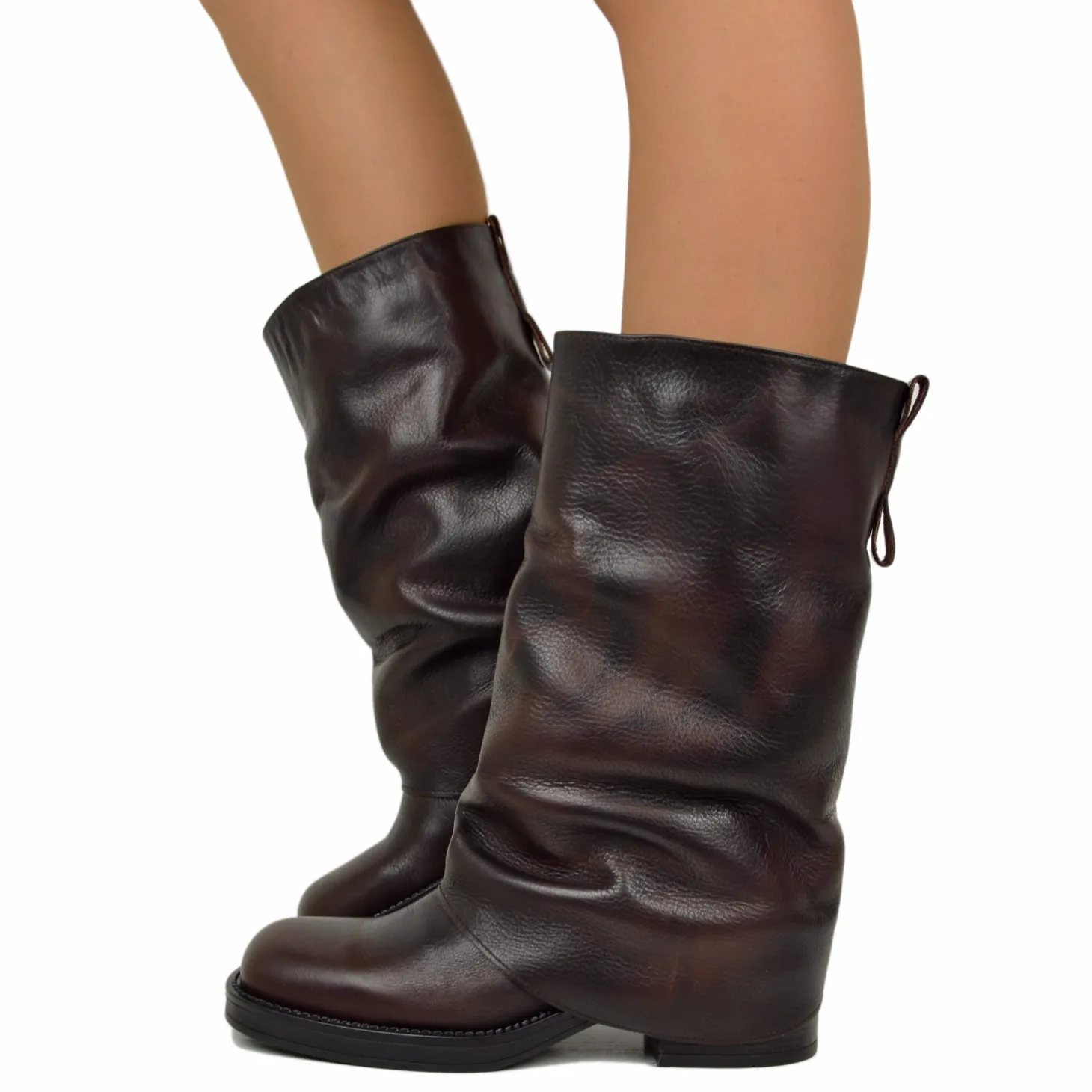 Biker con Ghetta Punta Quadrata Mid-High Vera Pelle Testa di Moro