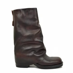Biker con Ghetta Punta Quadrata Mid-High Vera Pelle Testa di Moro