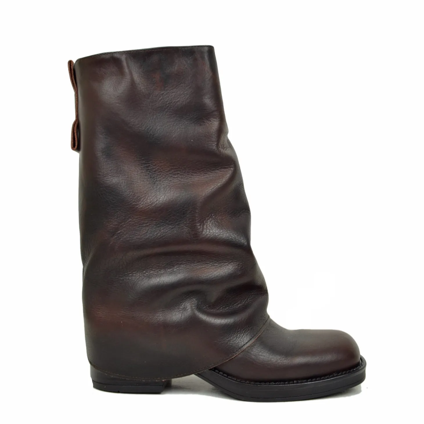 Biker con Ghetta Punta Quadrata Mid-High Vera Pelle Testa di Moro
