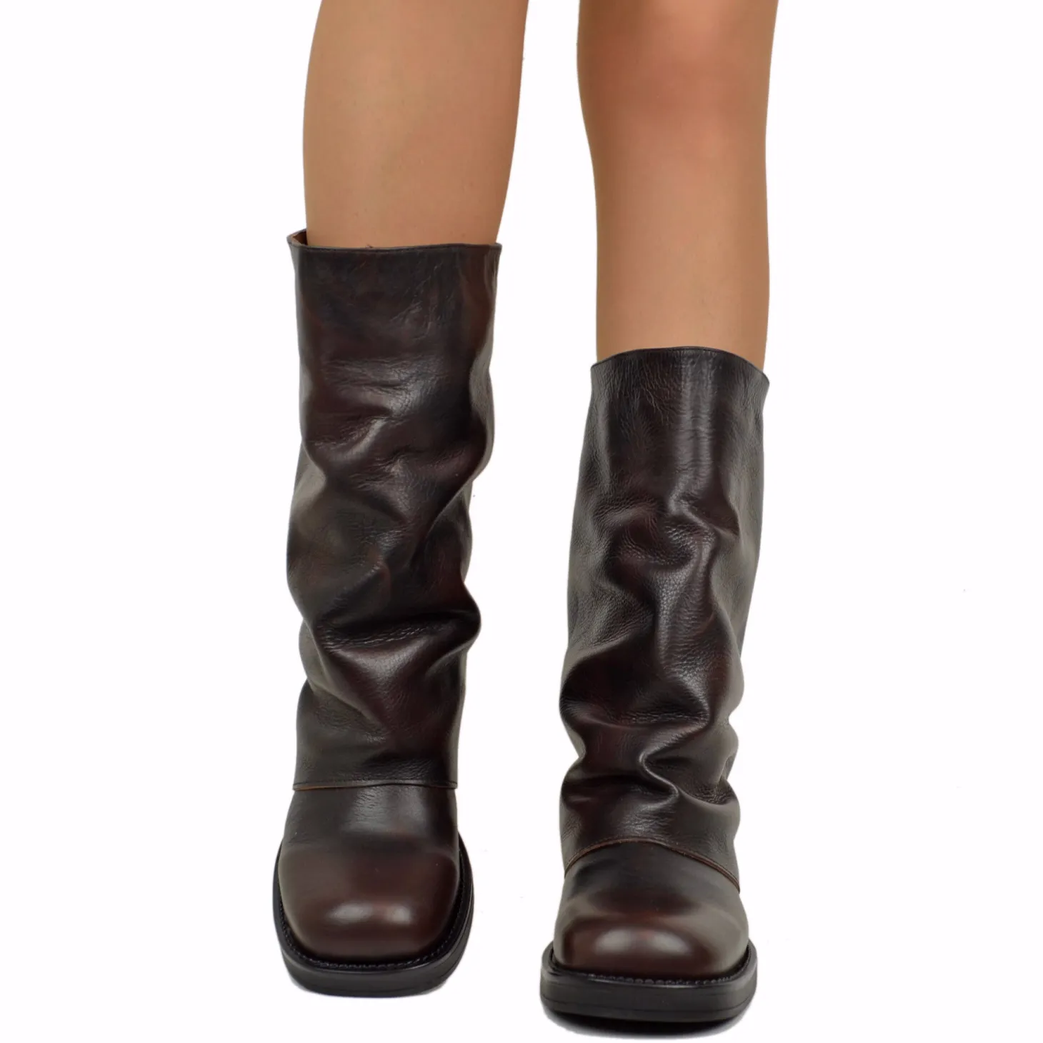 Biker con Ghetta Punta Quadrata Mid-High Vera Pelle Testa di Moro
