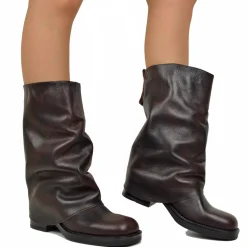 Biker con Ghetta Punta Quadrata Mid-High Vera Pelle Testa di Moro