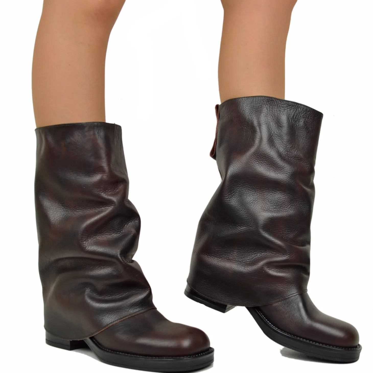 Biker con Ghetta Punta Quadrata Mid-High Vera Pelle Testa di Moro