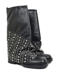Biker with Gaiter Square Toe Mid-High Real Leather Black Studded