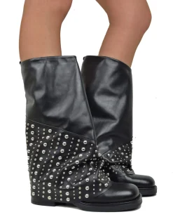 Biker with Gaiter Square Toe Mid-High Real Leather Black Studded