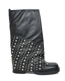 Biker with Gaiter Square Toe Mid-High Real Leather Black Studded