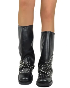 Biker with Gaiter Square Toe Mid-High Real Leather Black Studded
