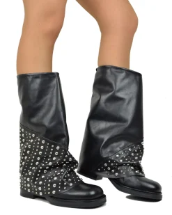 Biker with Gaiter Square Toe Mid-High Real Leather Black Studded