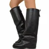 Biker with Square Toe Gaiter Super-High Genuine Black Leather