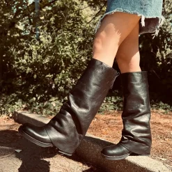 Biker with Square Toe Gaiter Super-High Genuine Black Leather