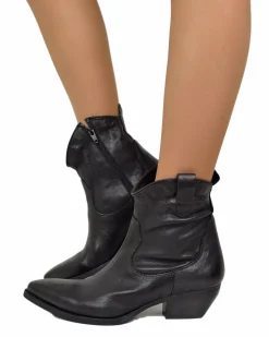 Black Crinkled Leather Texan Ankle Boots – 5 cm Heel with Zip