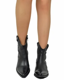 Black Crinkled Leather Texan Ankle Boots – 5 cm Heel with Zip