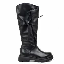 Black Genuine Leather Adjustable Strong Calf Wide Leg Boots