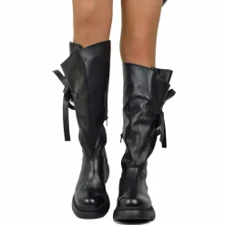 Black Genuine Leather Adjustable Strong Calf Wide Leg Boots